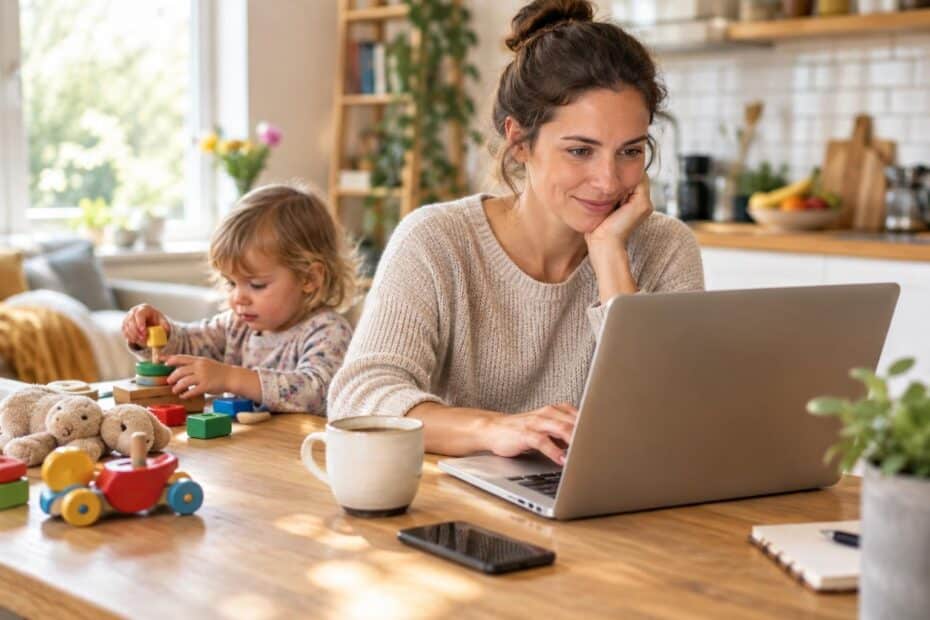 Titelbild zu Gründung eines eigenen Unternehmens für Mütter, mit Fokus auf pragmatische Schritte, die sich neben Familie
